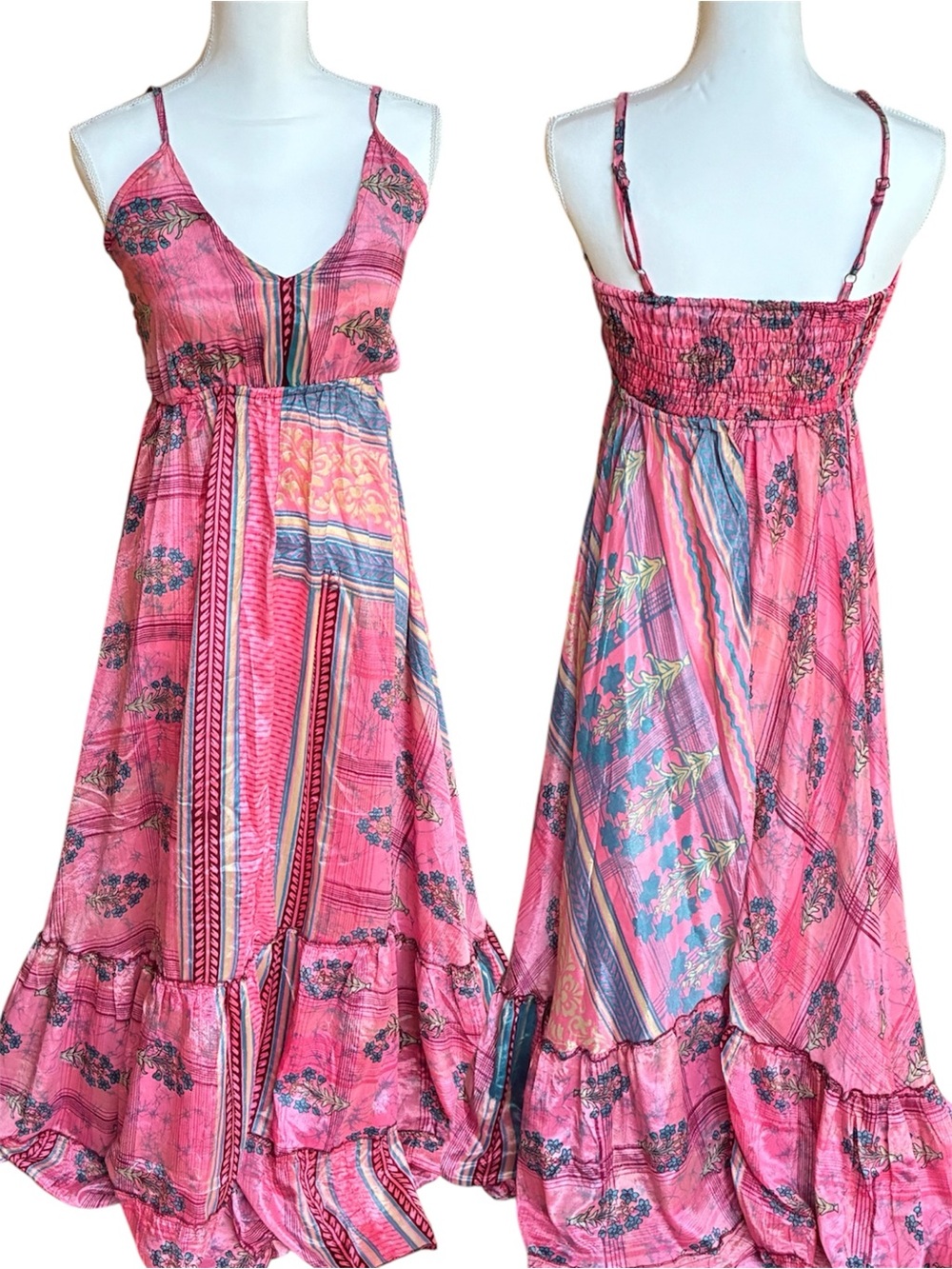 NWOT Zuny 100% Art Silk‎ Pink Boho Floral Printed Festival Femme Maxi Dress O/S